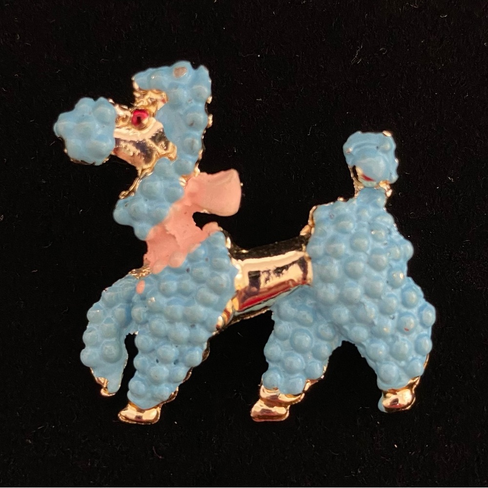 Poodle Brooch Pin VTG Gold Tone and Blue Enamel
